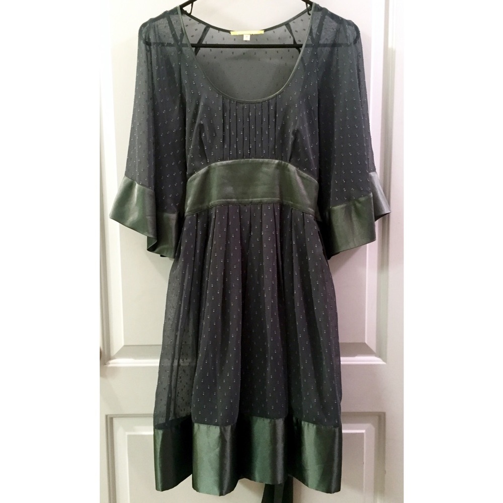💎 Olive Chiffon + Satin 3/4 Bell Sleeve Dress - Picture 1 of 3